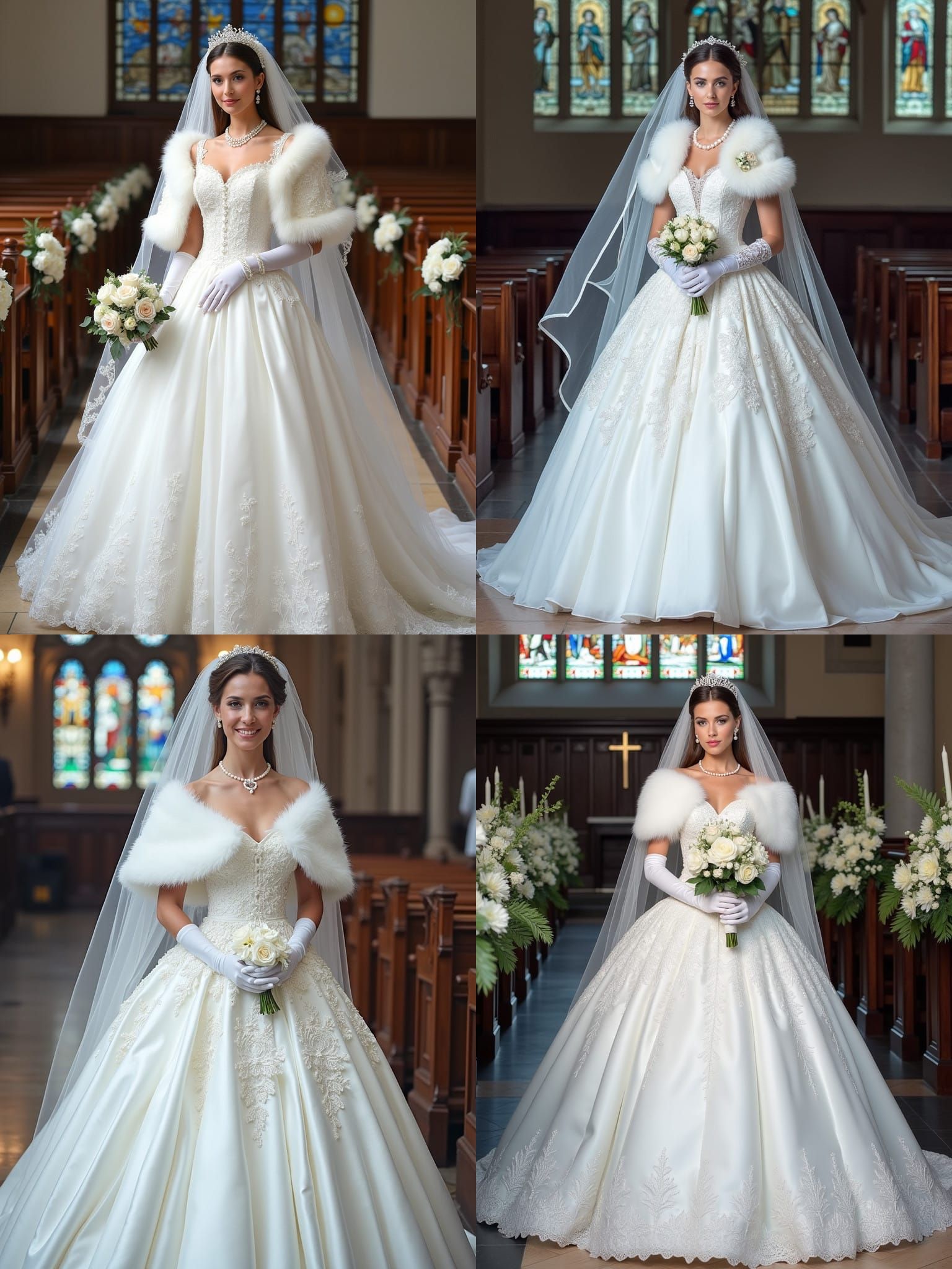 Elegant Bride in White Satin Gown with Pearl Accents
