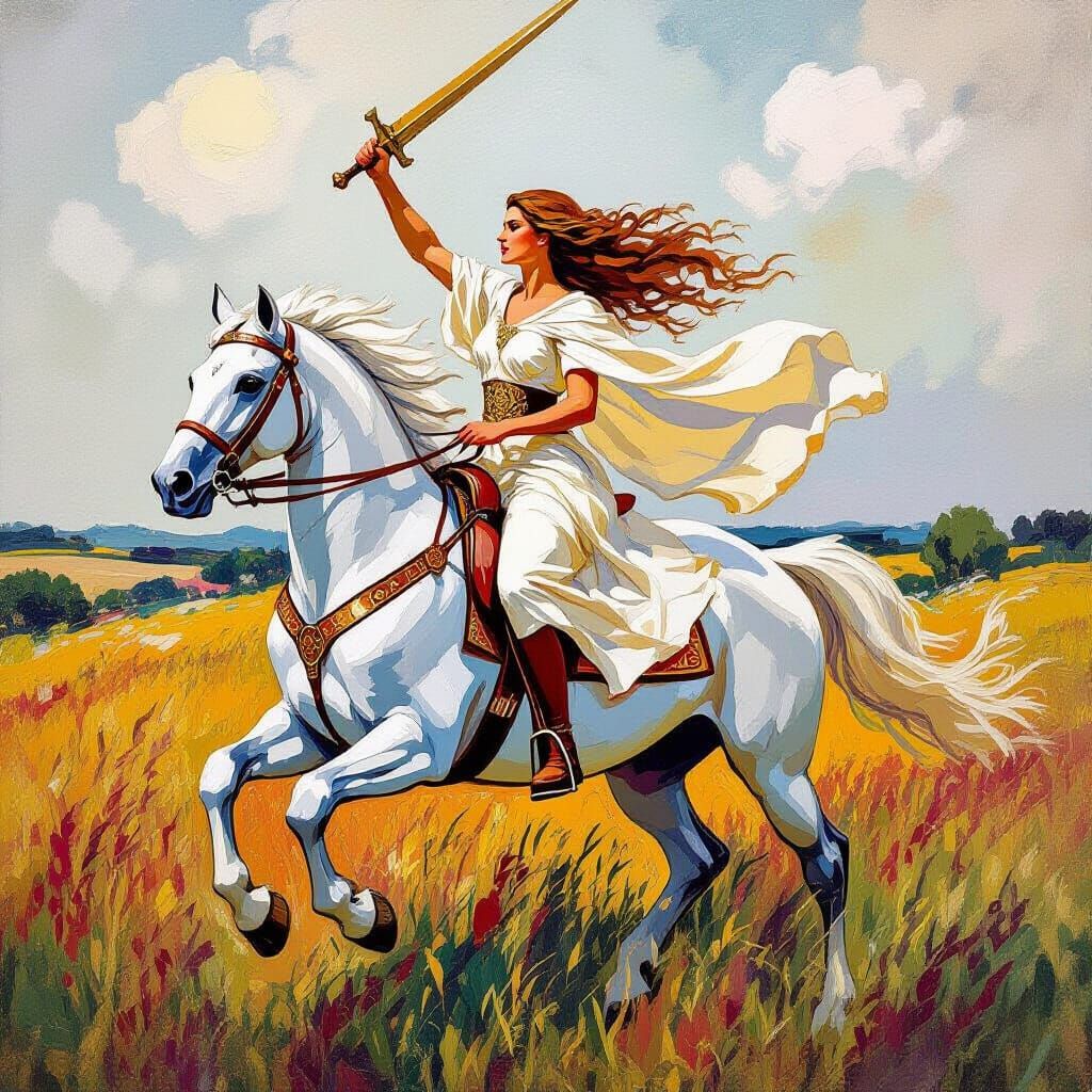 Queen Boadicea on War Horse in Neo-Impressionism