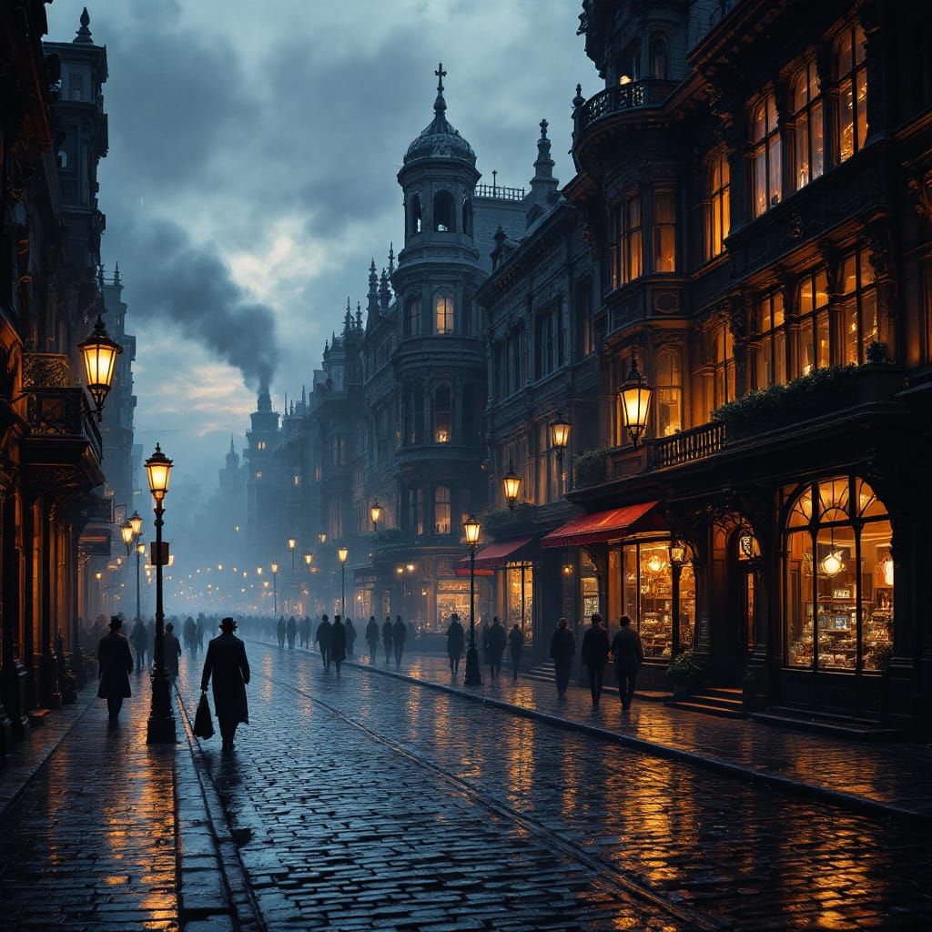 Gaslit Victorian City Street at Dusk
