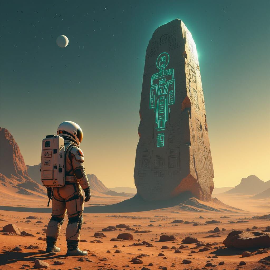 Astronaut and Monolith on Alien Planet in Hyperrealistic Sty...