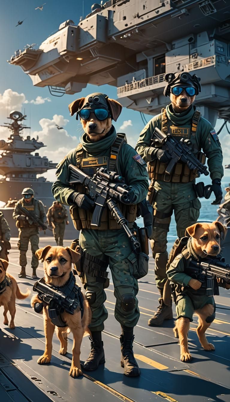 Puppy Soldiers on Aircraft Carrier Deck