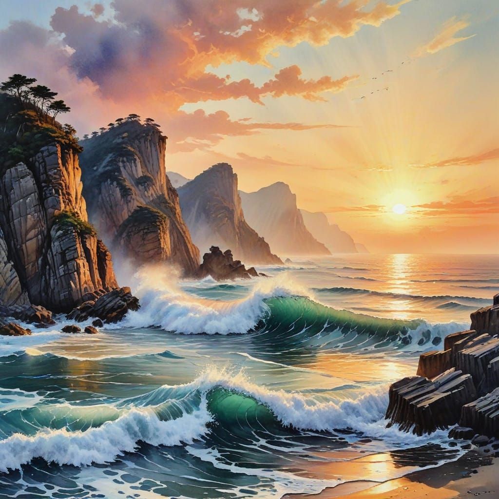 Ethereal Watercolor of Ocean Waves and Cliffs at Sunset