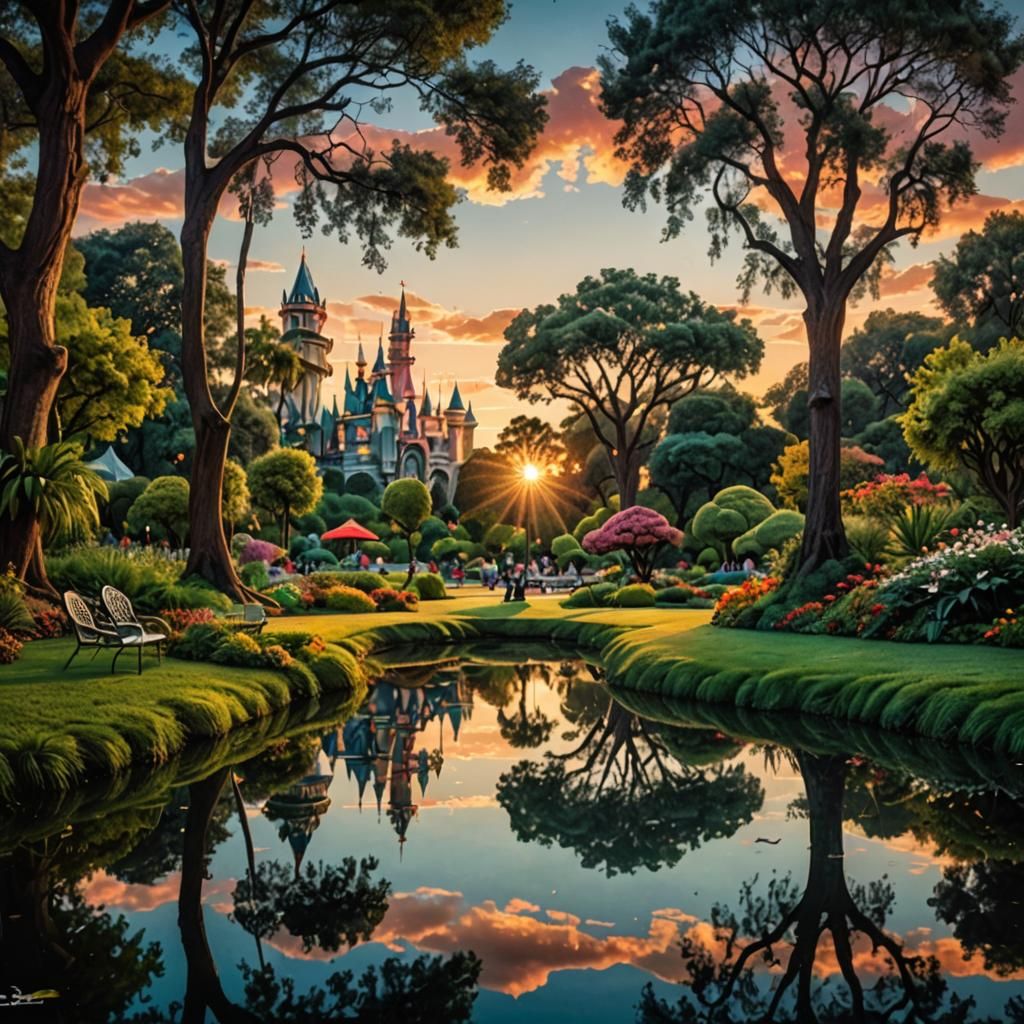 Lush City Park at Sunset in Surreal Photography