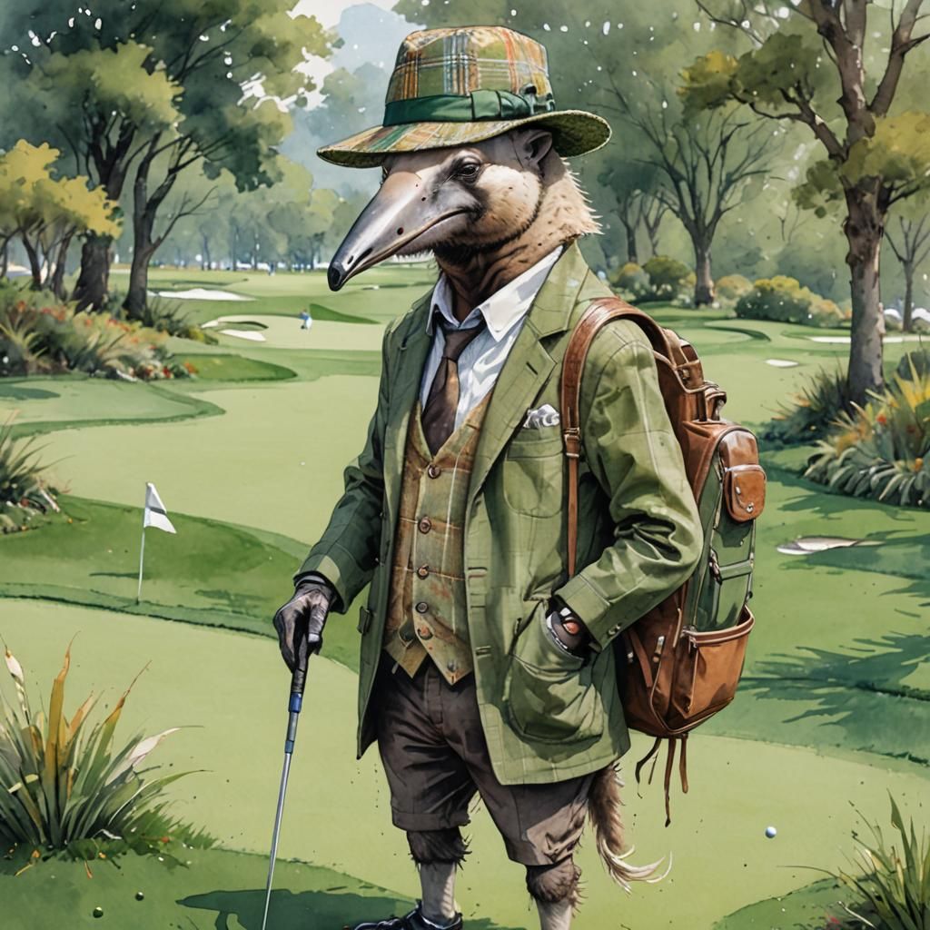 Anteater Golfer: Watercolor Manga Illustration