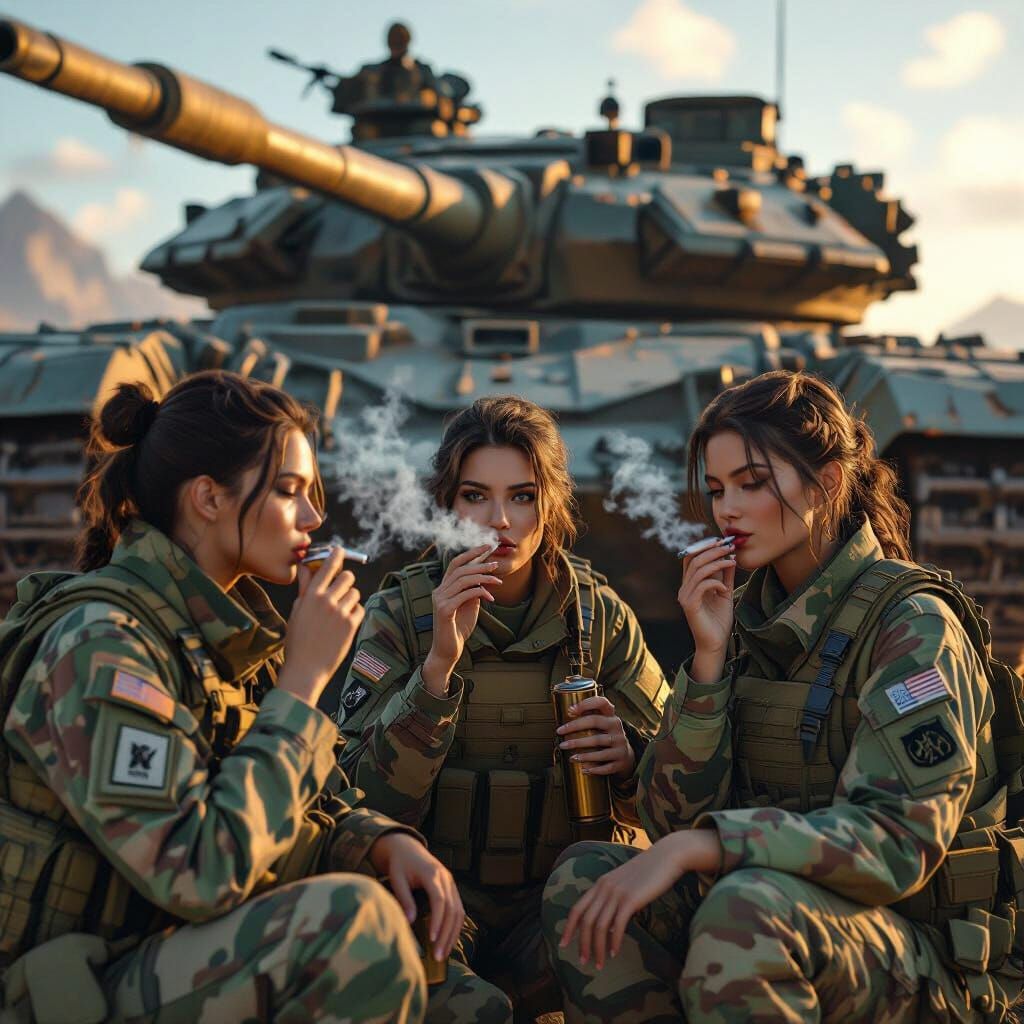 Female Soldiers in Camouflage Pose with Tank