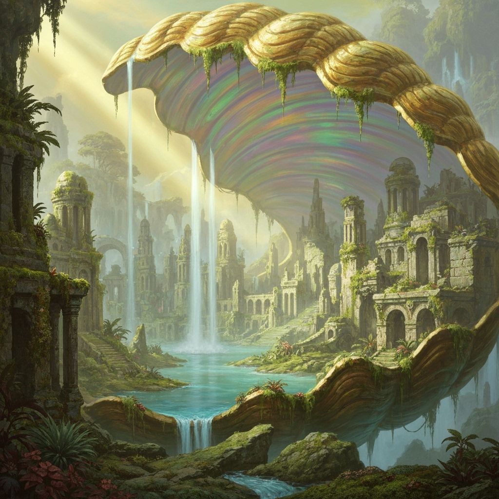 Mystical Lost City Inside a Shining Gold Clam Shell