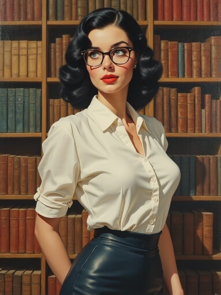 Retro Library Woman in Oil Painting Style