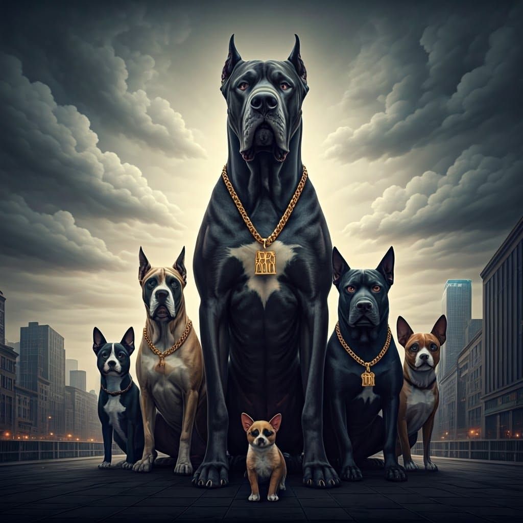 Gritty 90s Hip-Hop Canine Frenzy in Urban Landscape