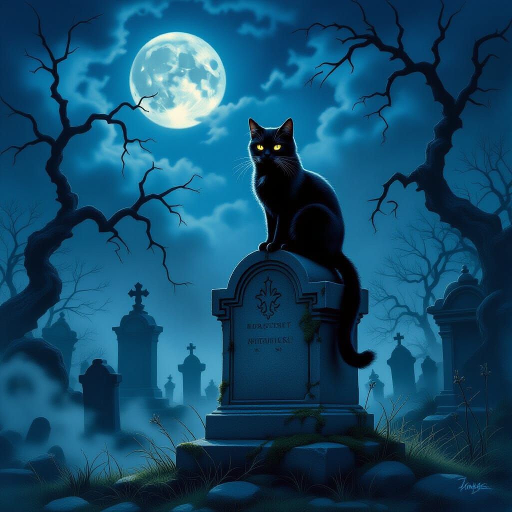 Solitary Cat on Gravestone in Moonlit Gothic Cemetery