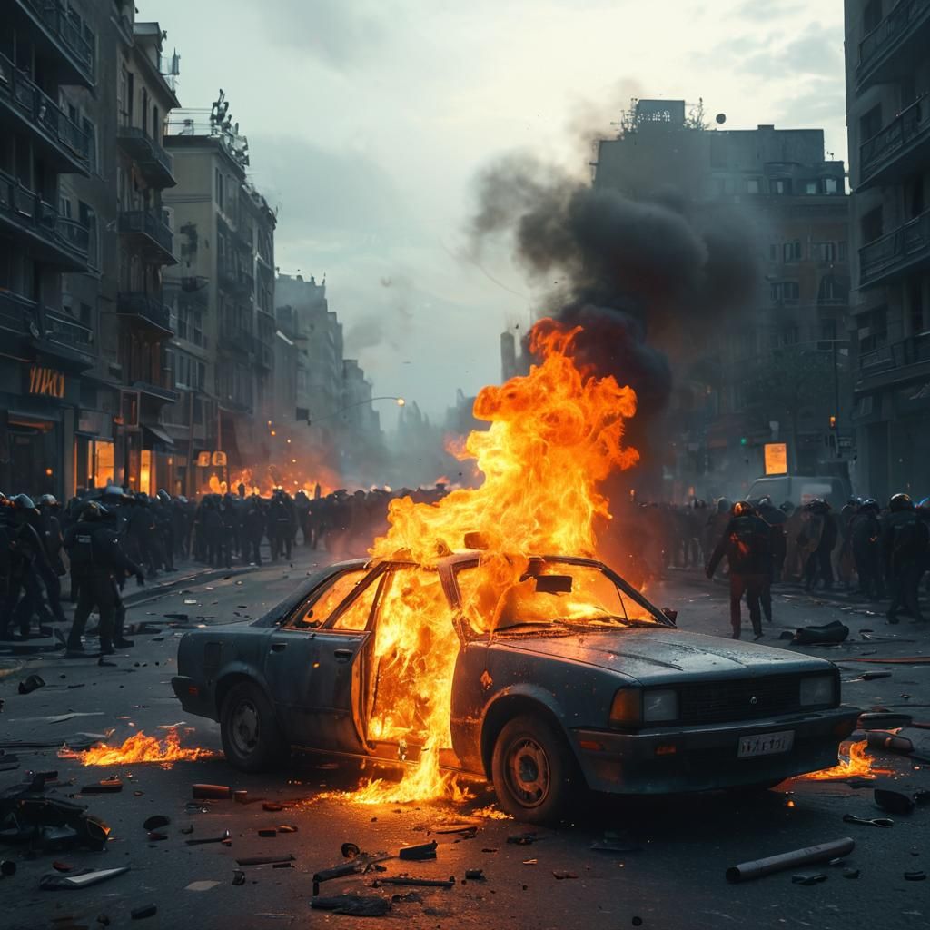 Burning Car in Street Riot: Hyper-Realistic Digital Art