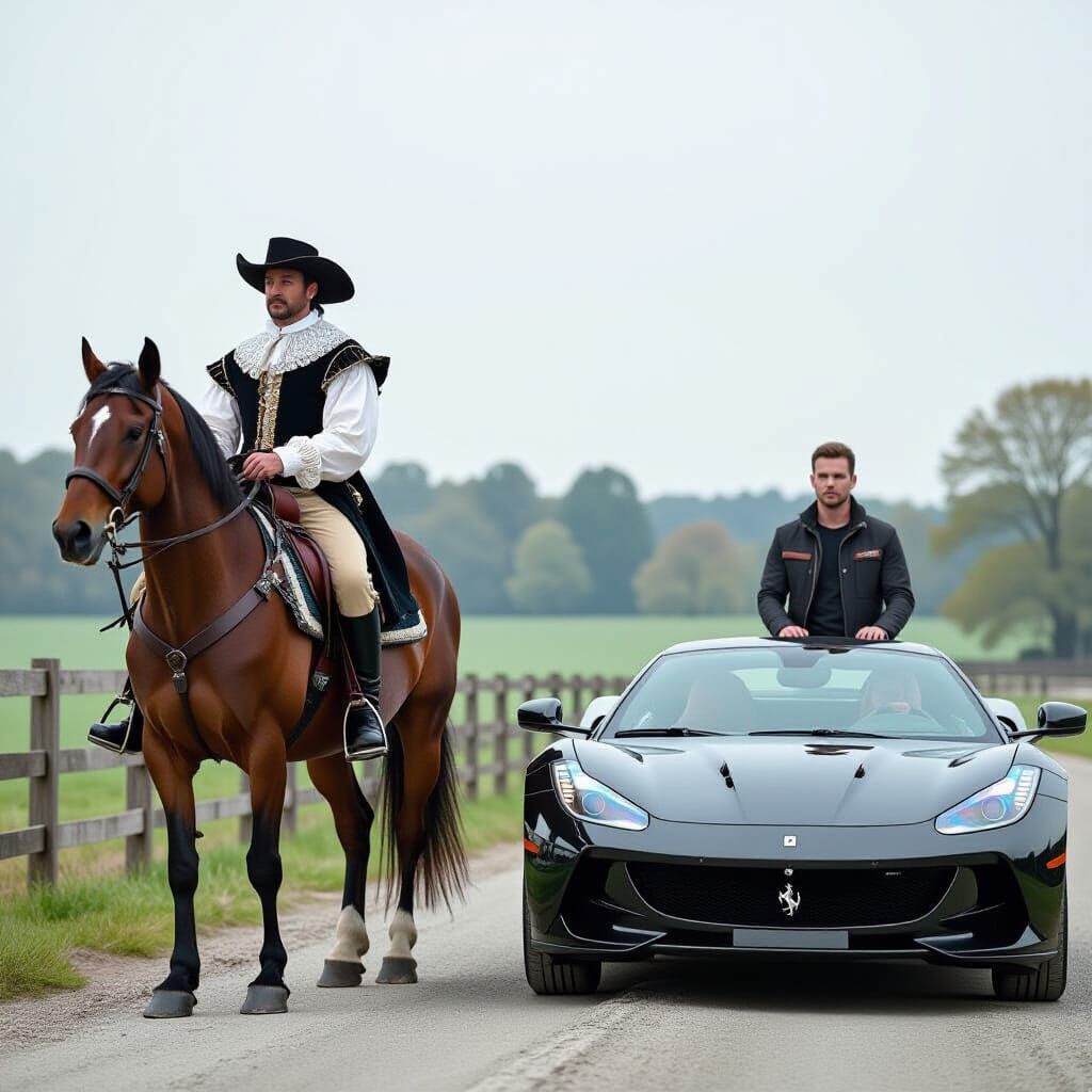 17th Century Rider Meets Modern Sports Car