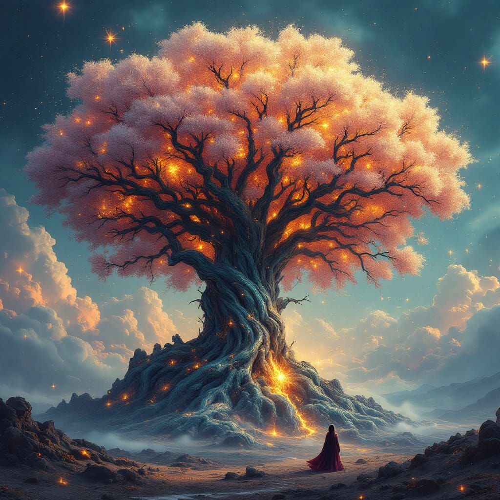 Ancient Alien Relic on Teal Bark Trunk Illuminated by Celest...