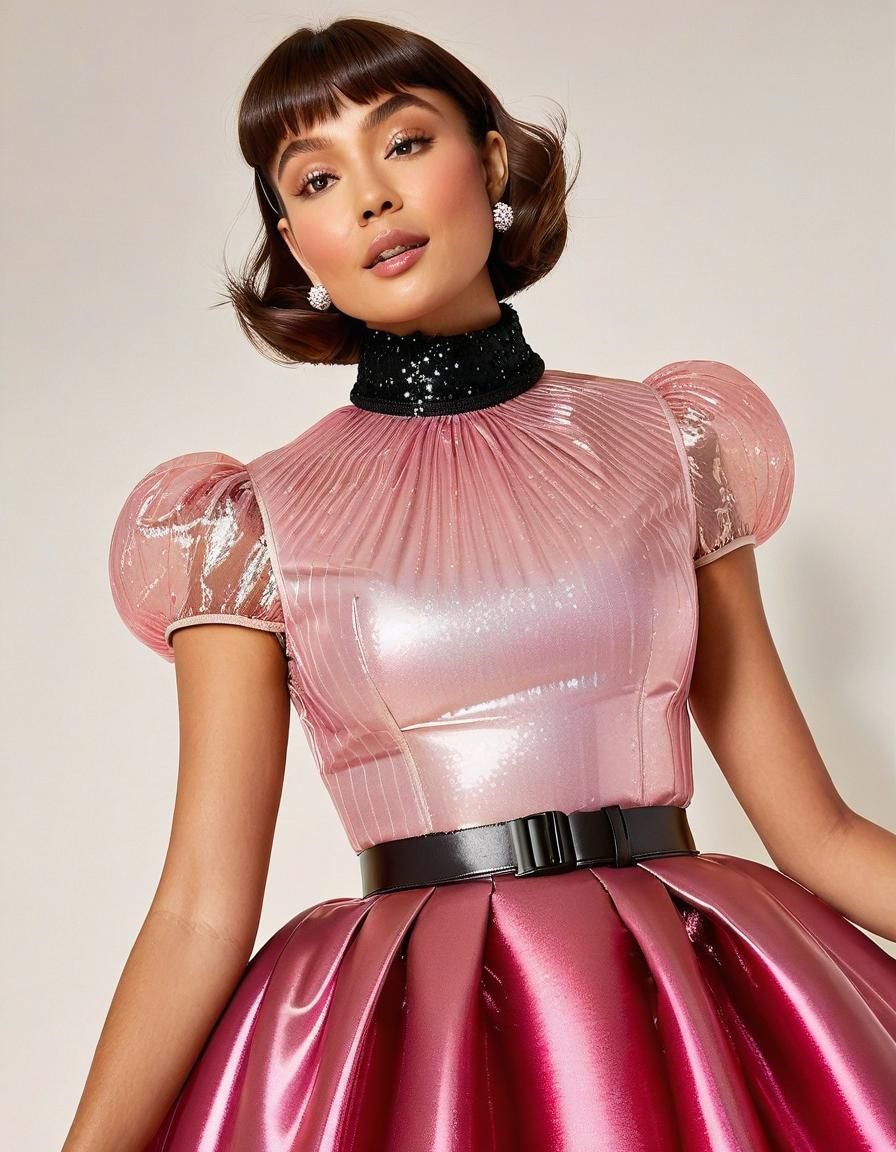 Woman in Shiny Lace Ballgown with Puffed Sleeves