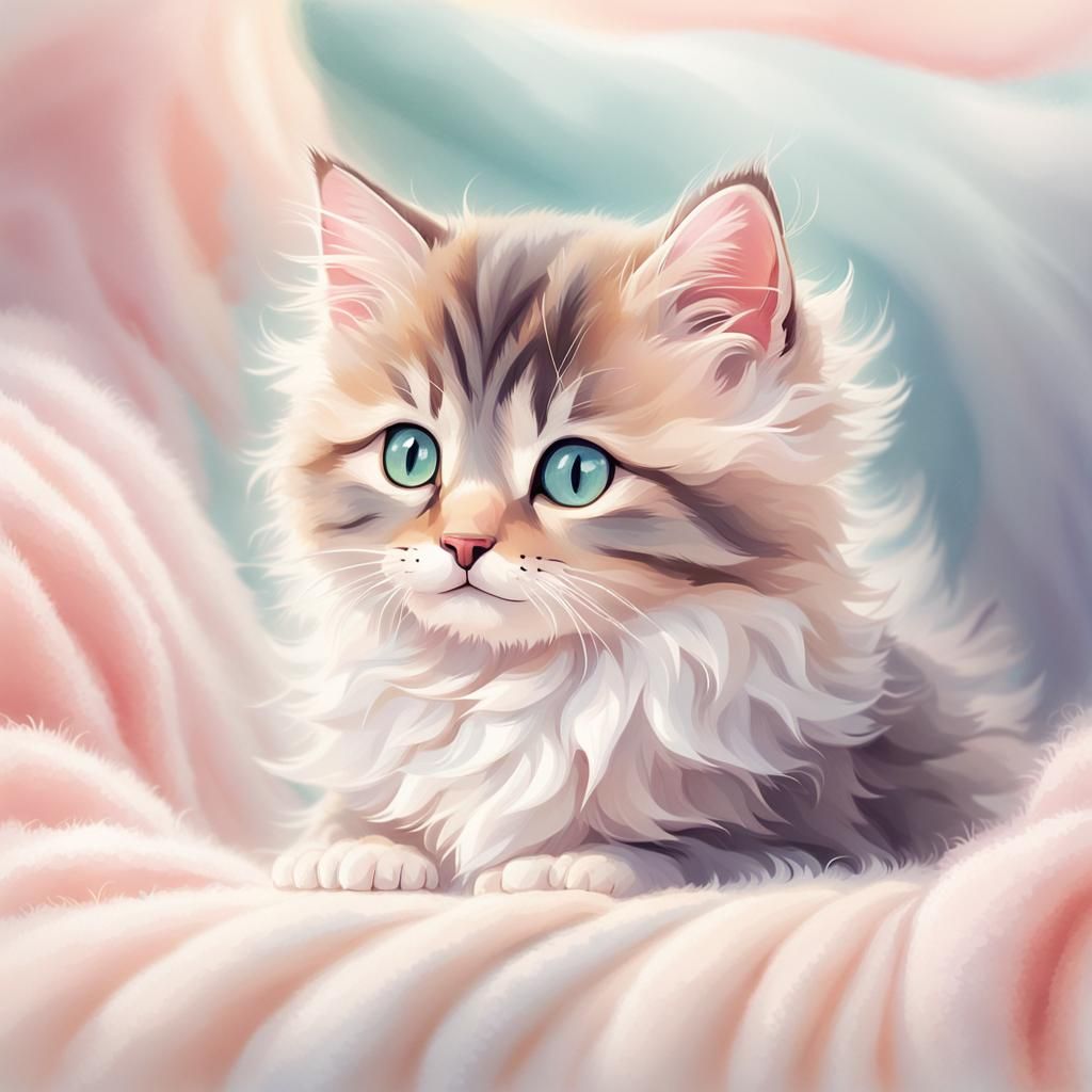 Sweet Kitten on Cushion in Pastel Illustration
