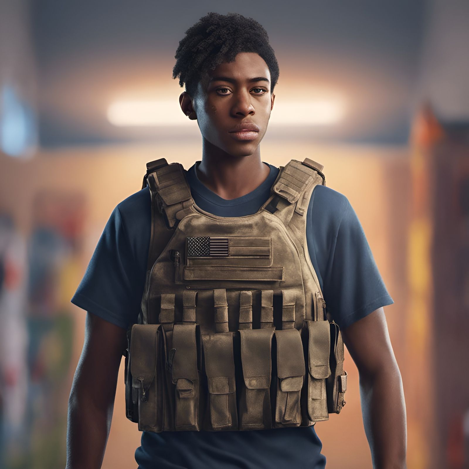 Teenager in Bulletproof Vest: Realistic School Image