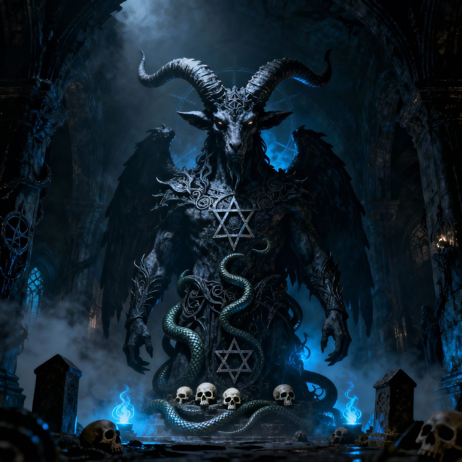 Giant Baphomet in Macabre Crypt, Dark Fantasy Style