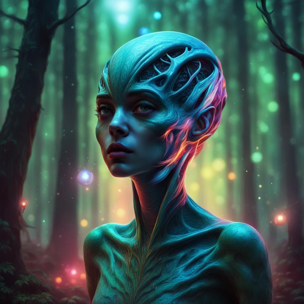 Alien Girl in Forest: Hyperrealistic Splash Art