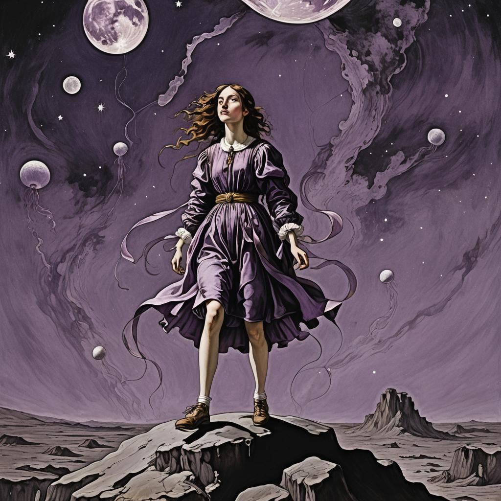 Girl on the Moon with Space Jellyfish in Ink Print Style