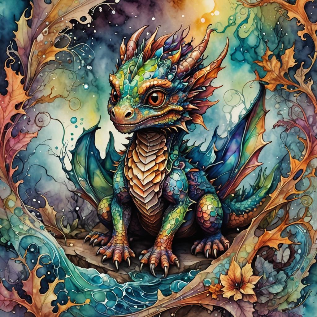 Vibrant Baby Dragon in Whimsical Watercolor Style