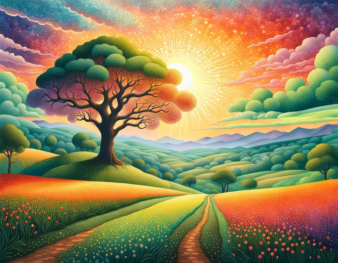 Pointillist Sunset Over Tranquil Countryside