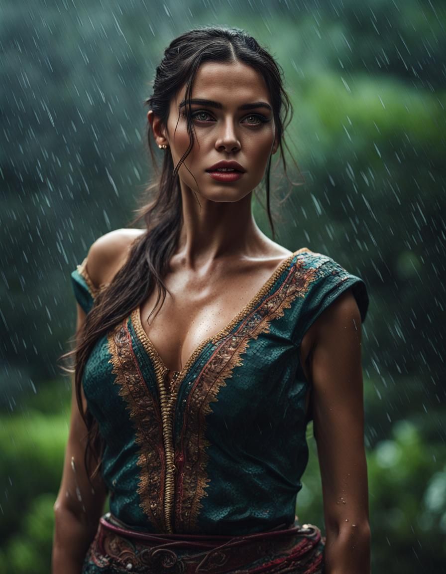 Beautiful Warrior Woman in Rainy Mexican Forest