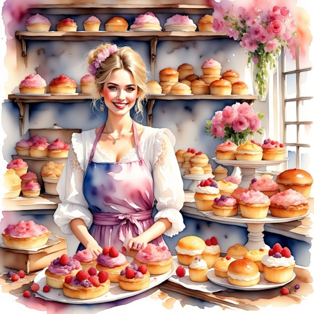 Woman in French Patisserie Watercolour Style