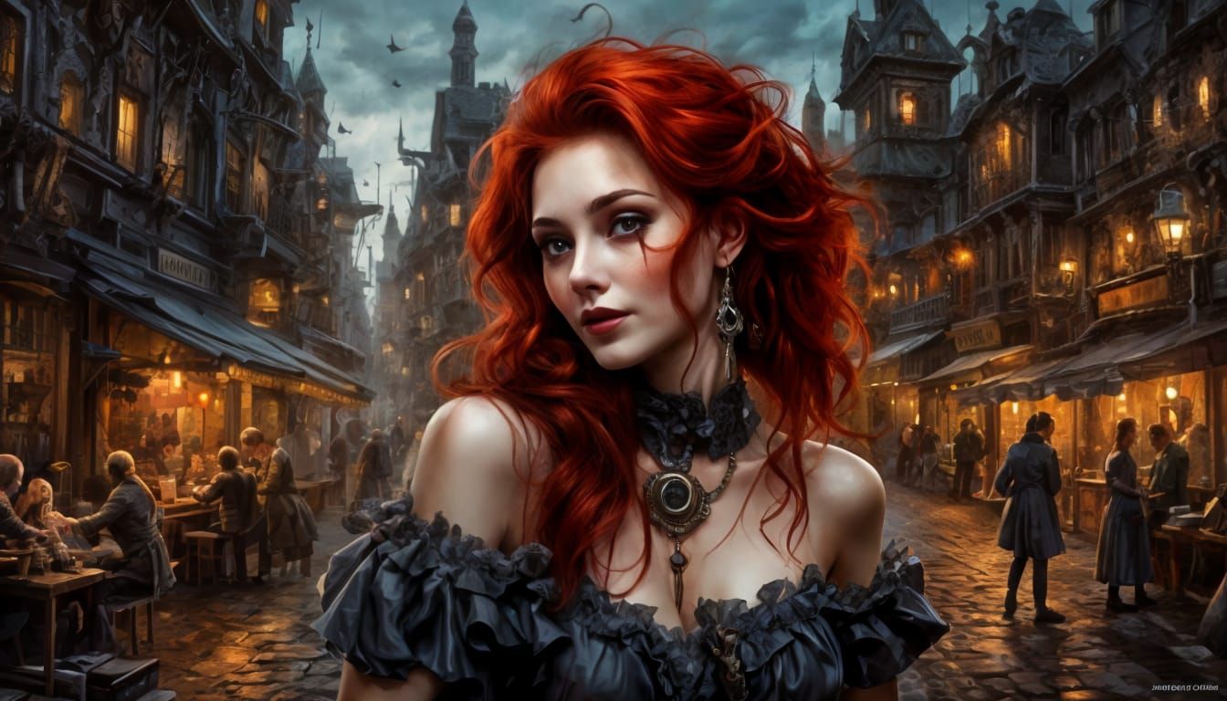 Steampunk Town Square with Red-Haired Woman: Oil Painting