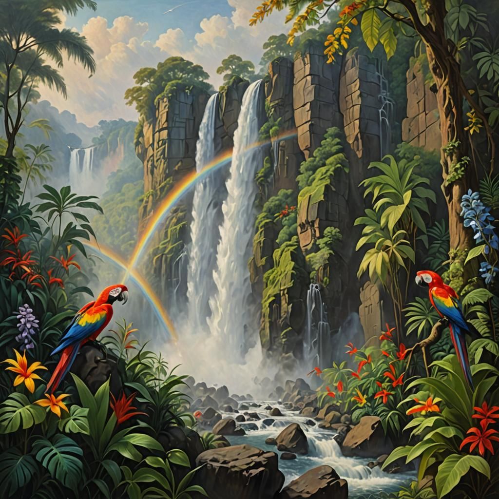Lush Waterfall Scene with Rainbow and Parrots