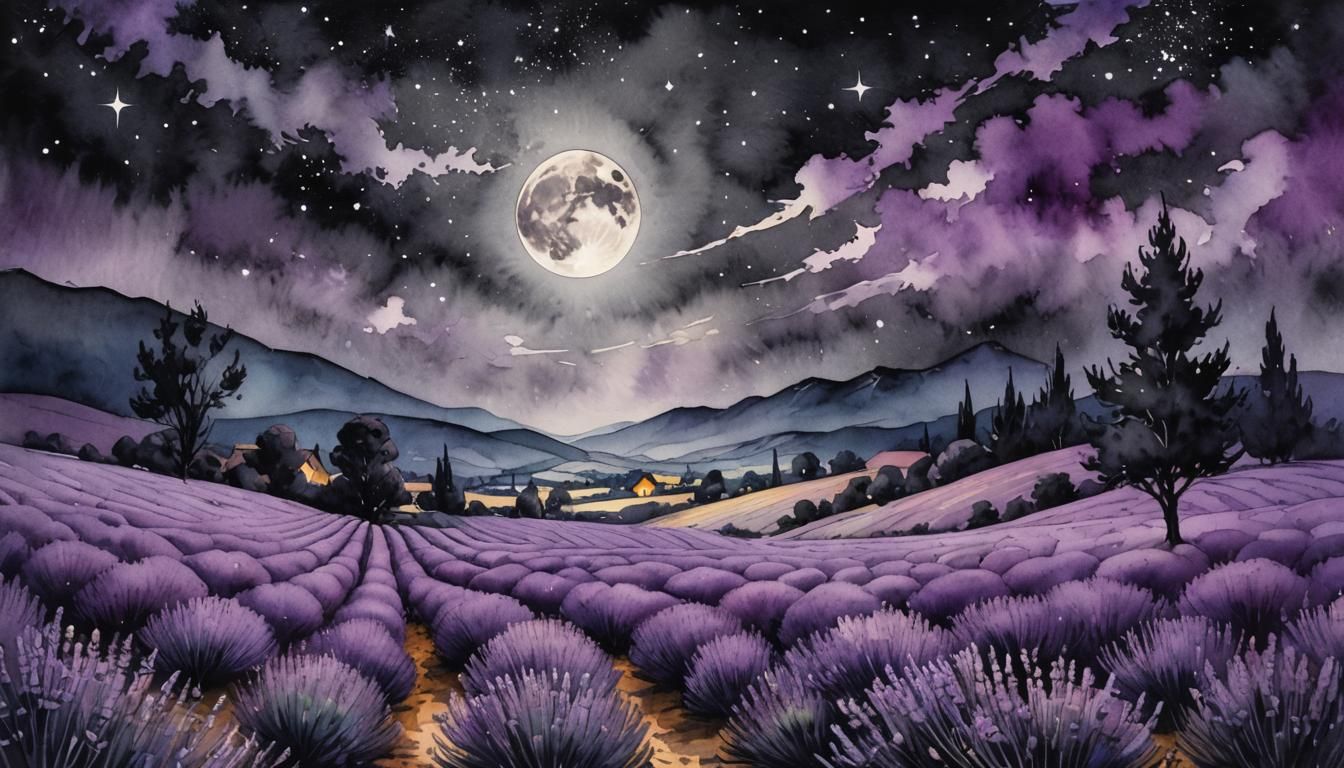 Moonlit Lavender Field: Dark Charcoal Watercolor