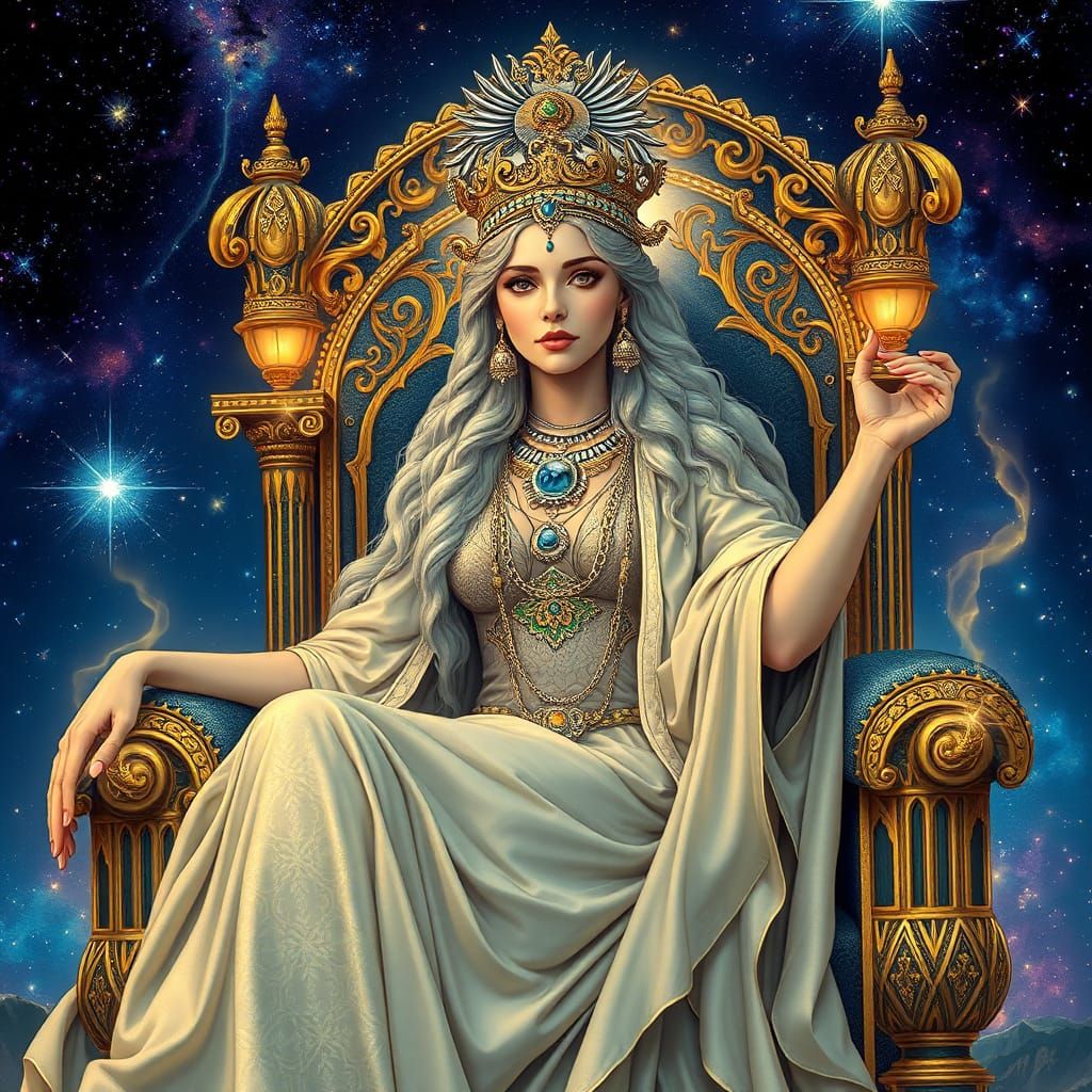 Celestial Empress Ruling a Cosmic Kingdom in Art Nouveau Sty...