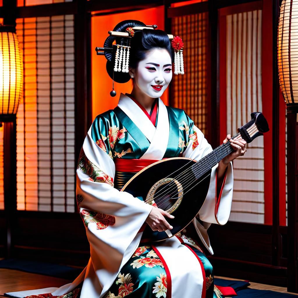 Beautiful Geisha Playing Shamisen in Shoji Room