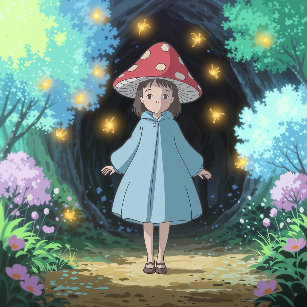 Whimsical Forest Scene in Studio Ghibli-Inspired Style