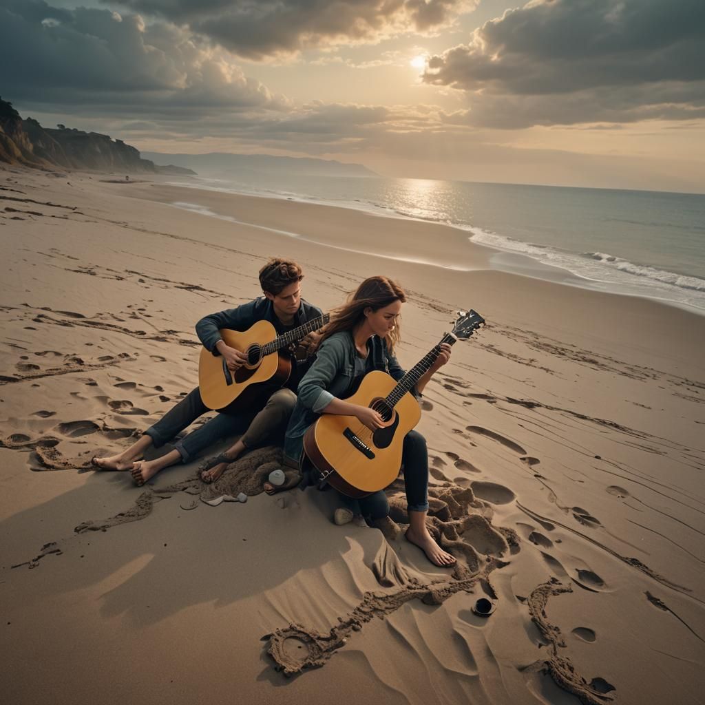 Girl and Boy Playing Guitar on Beach