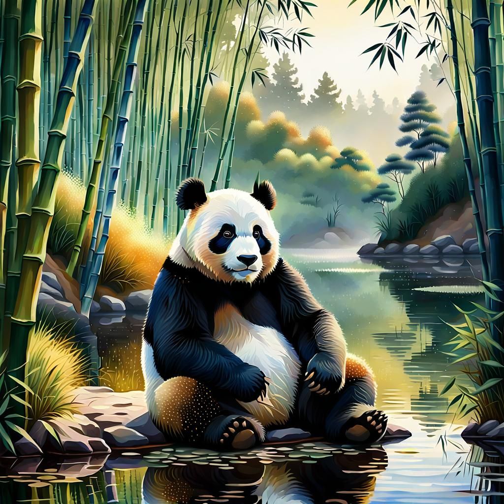 Panda in Bamboo Forest: Pointillism Style