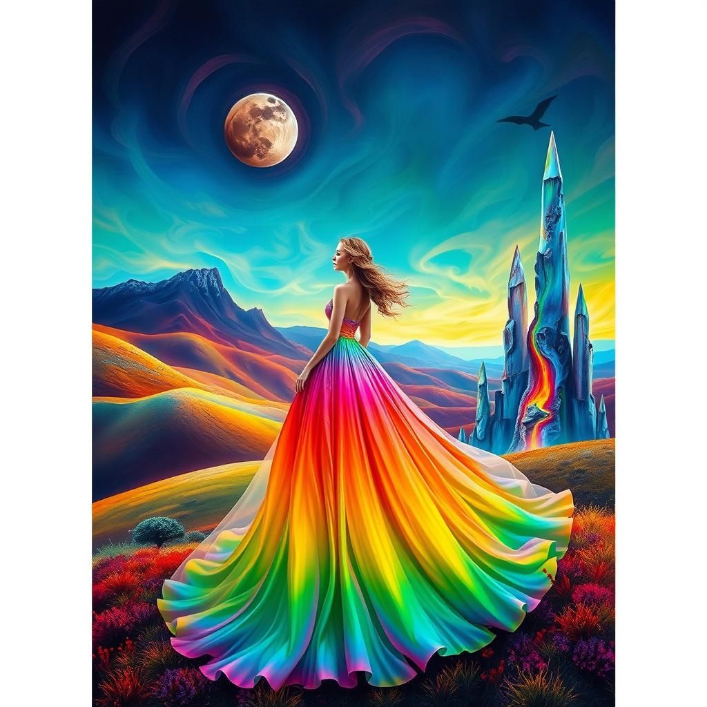 Iridescent Woman in Rainbow Landscape, Dreamlike Digital Art