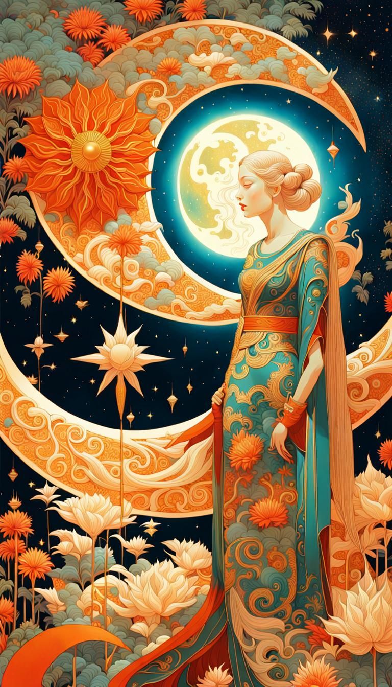 Celestial Woman in Surreal Sun and Moon Fairytale