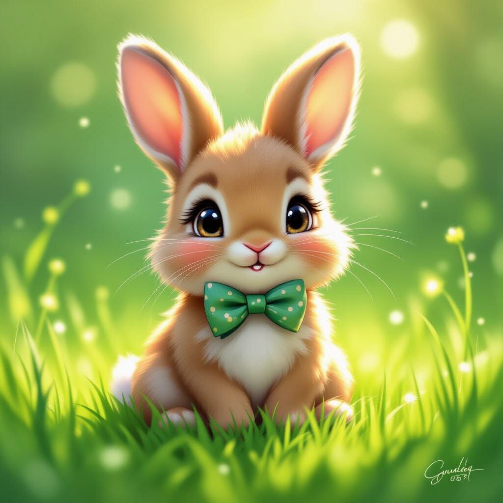 Adorable Fluffy Bunny with Bow Tie on Lush Grass