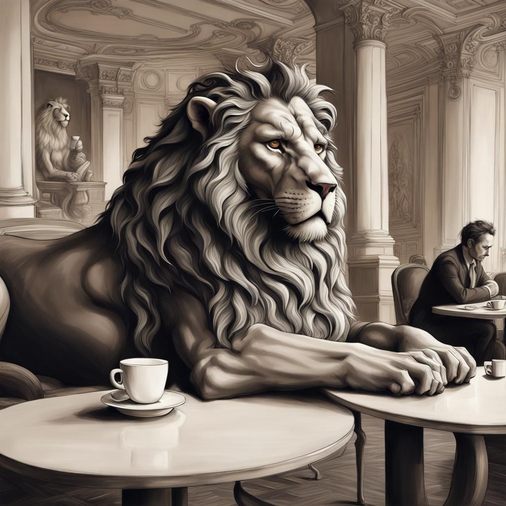 Lion Statue Sipping Coffee: Expressionist Charcoal Illustrat...