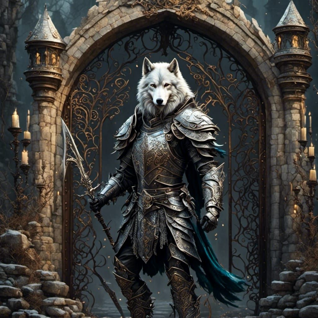 Armored Anthro Wolf Knight Guards Castle Gate