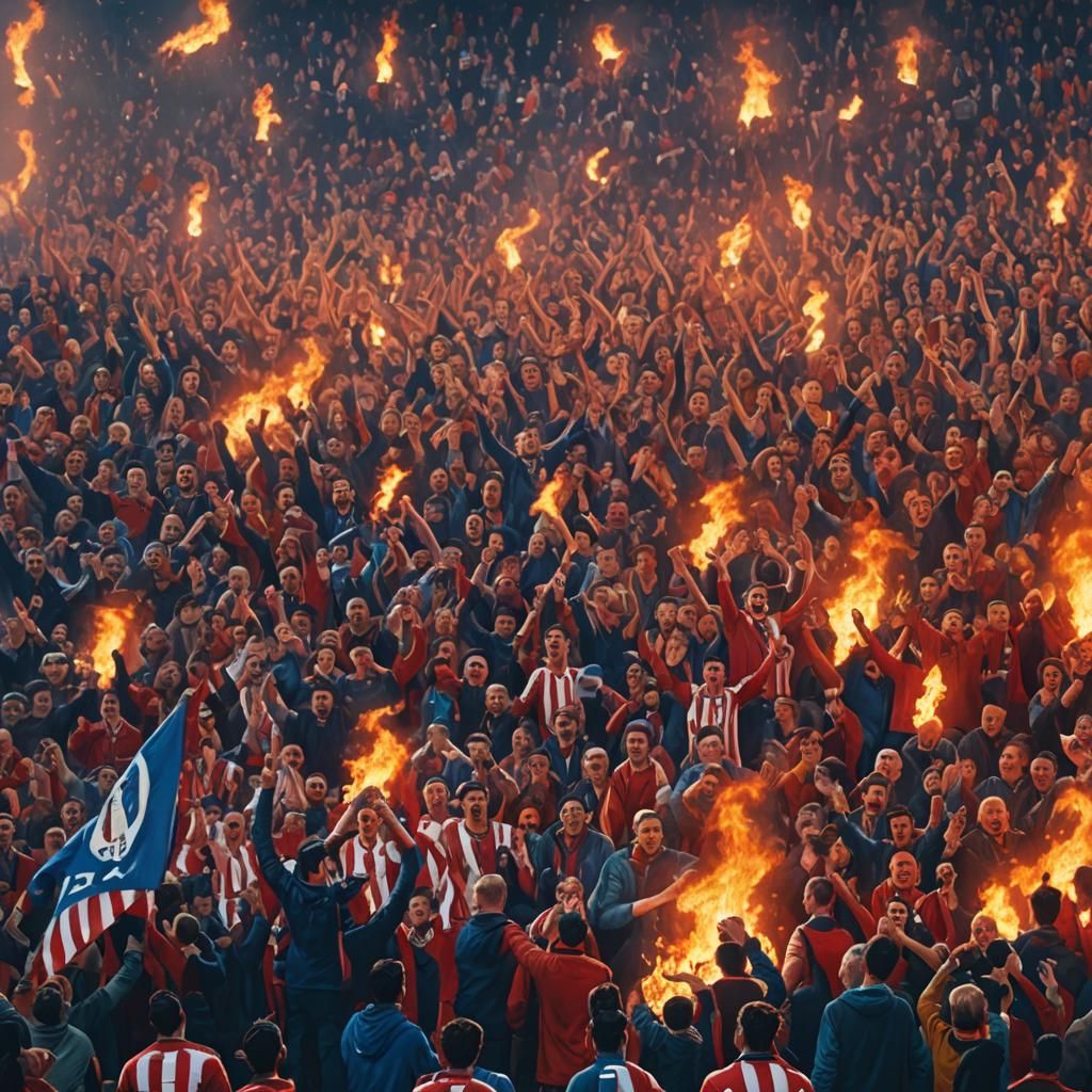 Atletico Madrid Fans in Packed Stadium, Cinematic Still