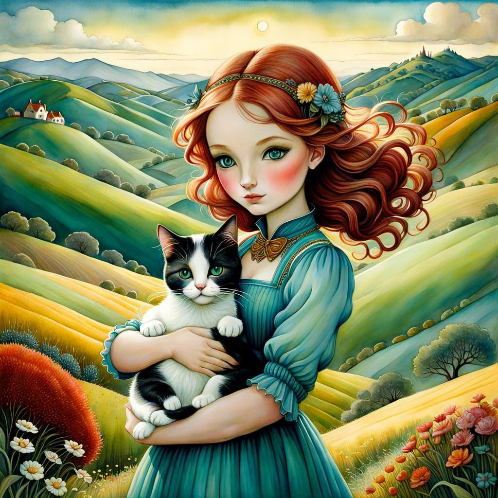 Girl Holding Cat in Whimsical Watercolor Landscape