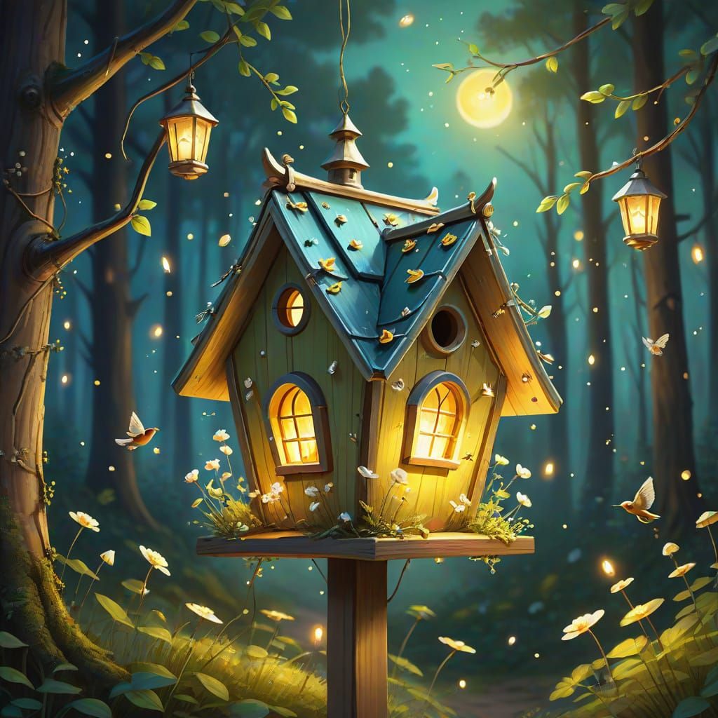 Enchanted Forest Birdhouse with Fireflies