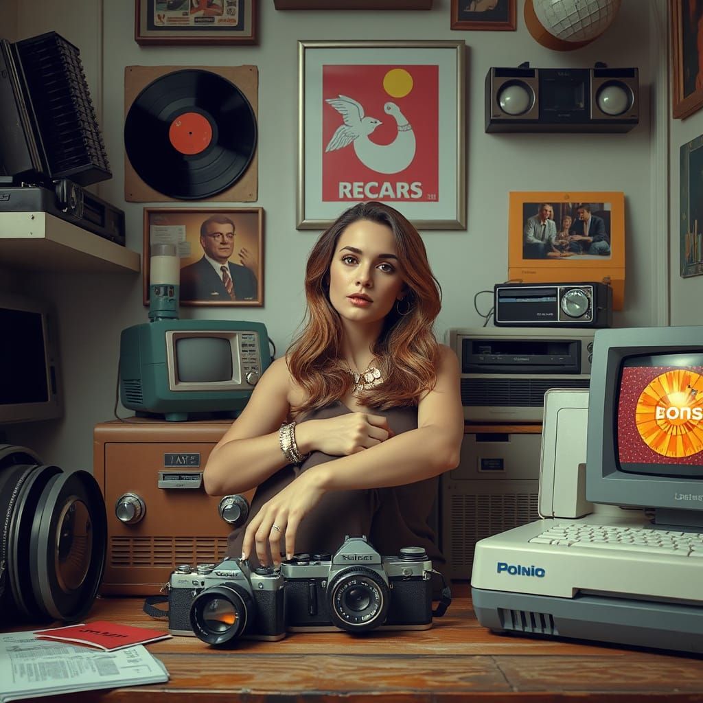 Retro Futuristic Woman in Vintage Tech Haven