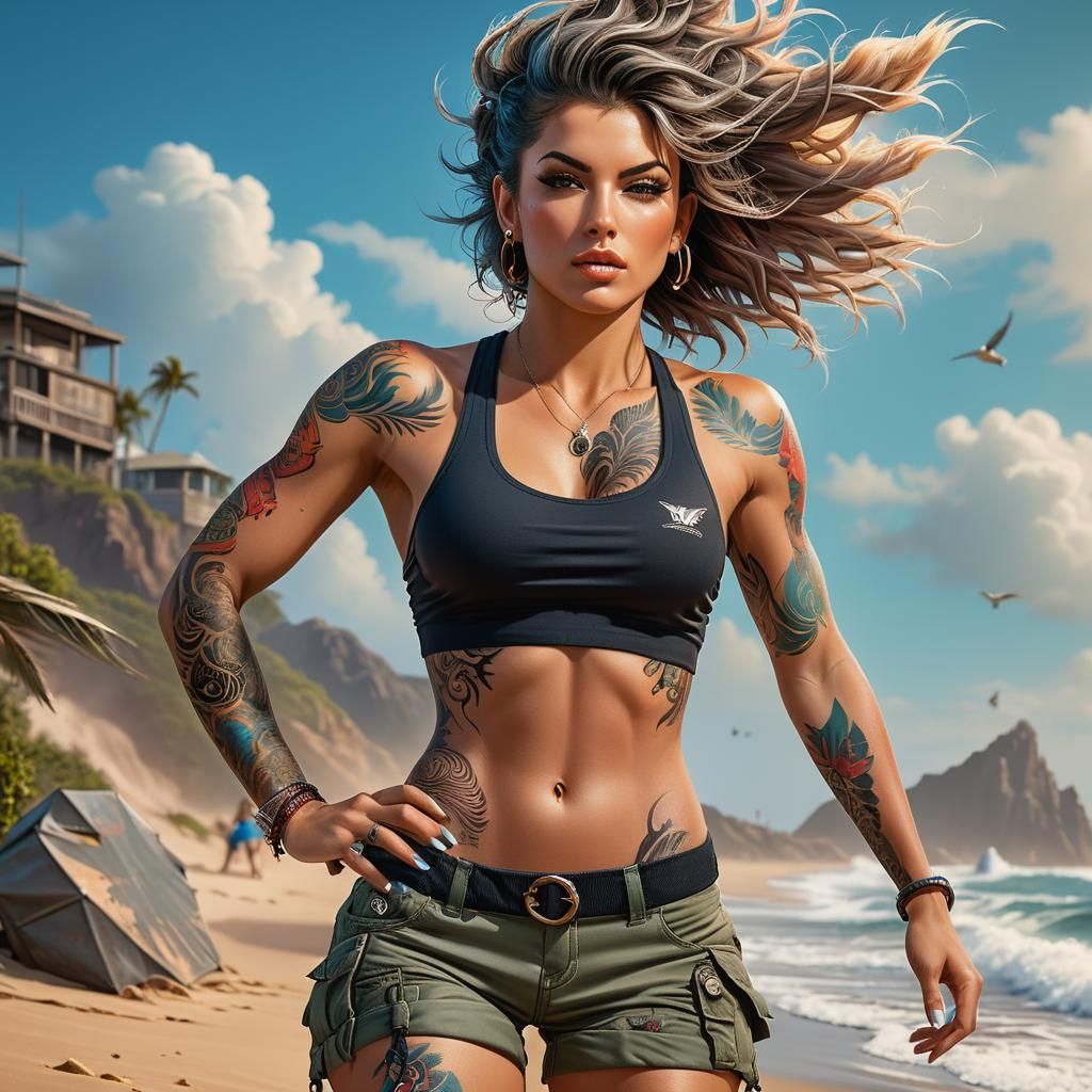 Athletic Woman with Tattoos on Windy Beach