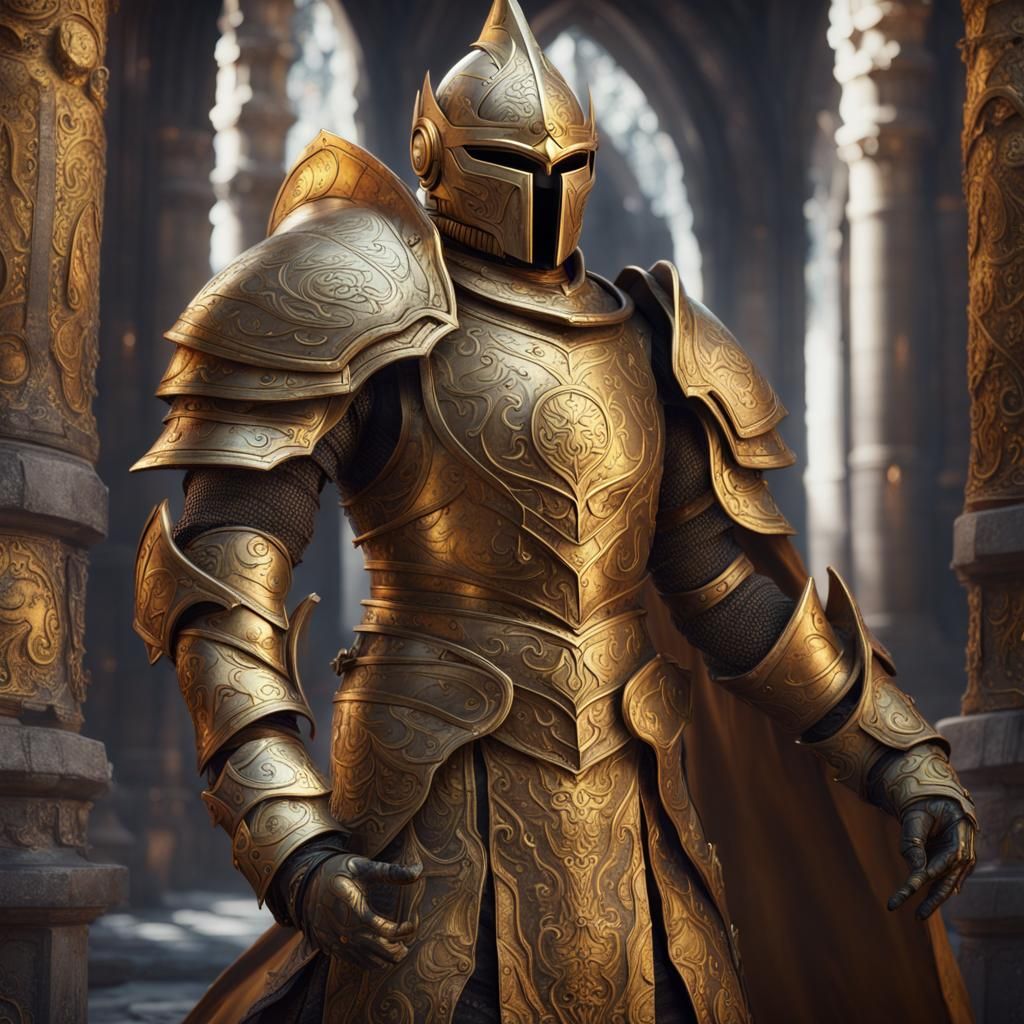 Kalashtar Paladin in Golden Armor, Detailed Matte Painting