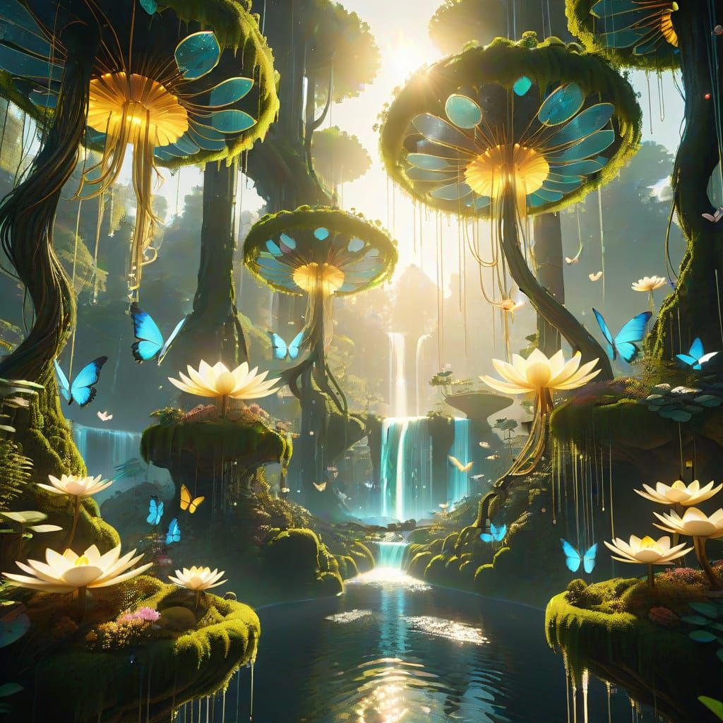 Surreal Bioluminescent Metropolis in Solarpunk Utopia