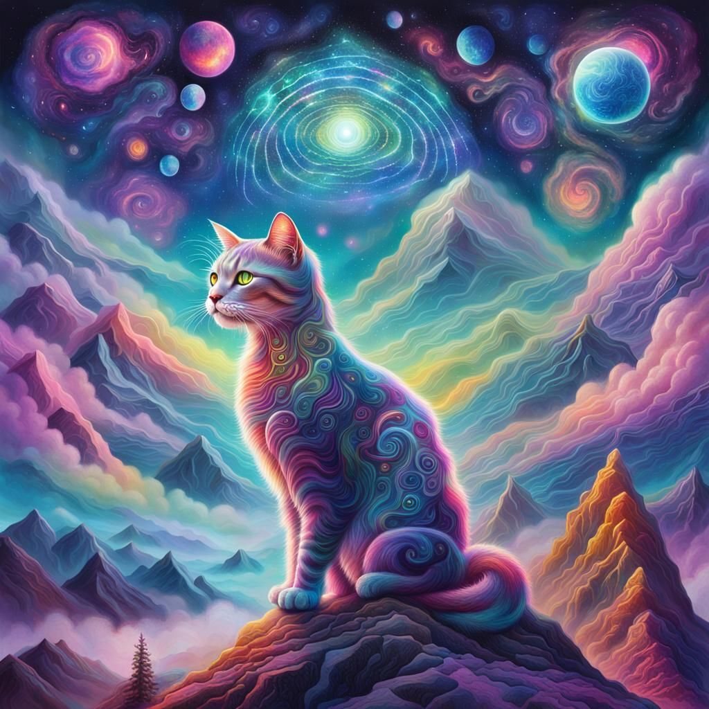 Cloudy Cat on Misty Peak in Cosmic Surrealism