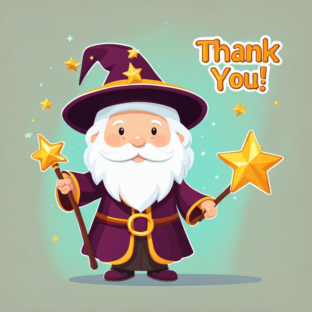 Cute Wizard Holding a Thank You Wand