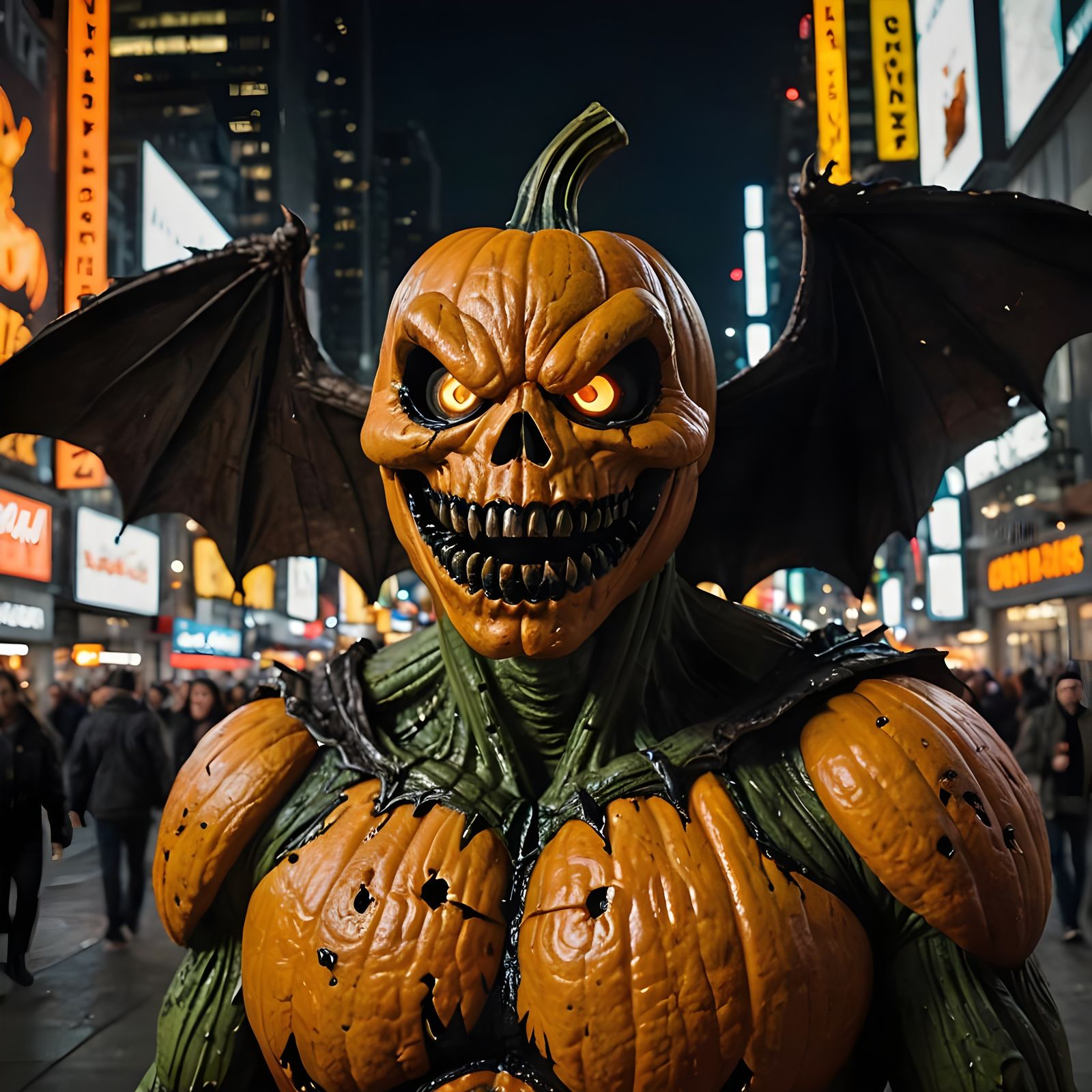 Demonic Jack-O-Lantern in Times Square at Night