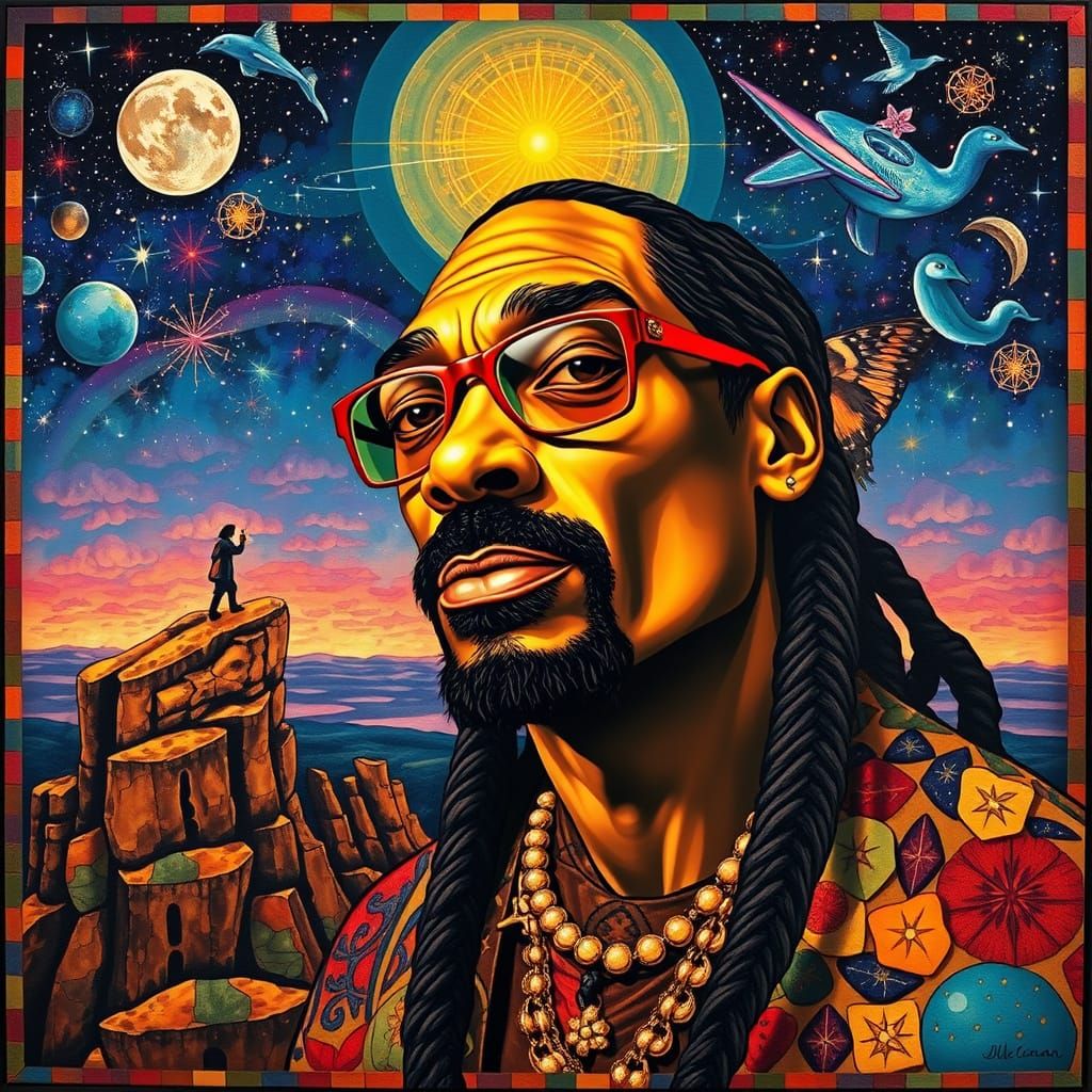 Snoop Dogg in a Cosmic Clifftop Mosaic Portrait